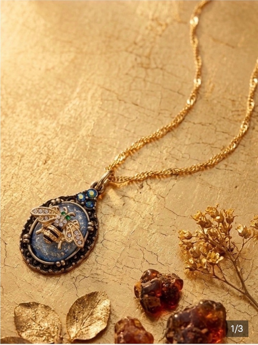 Gold Bee Pendant Necklace with Blue Enamel vintage inspired *new